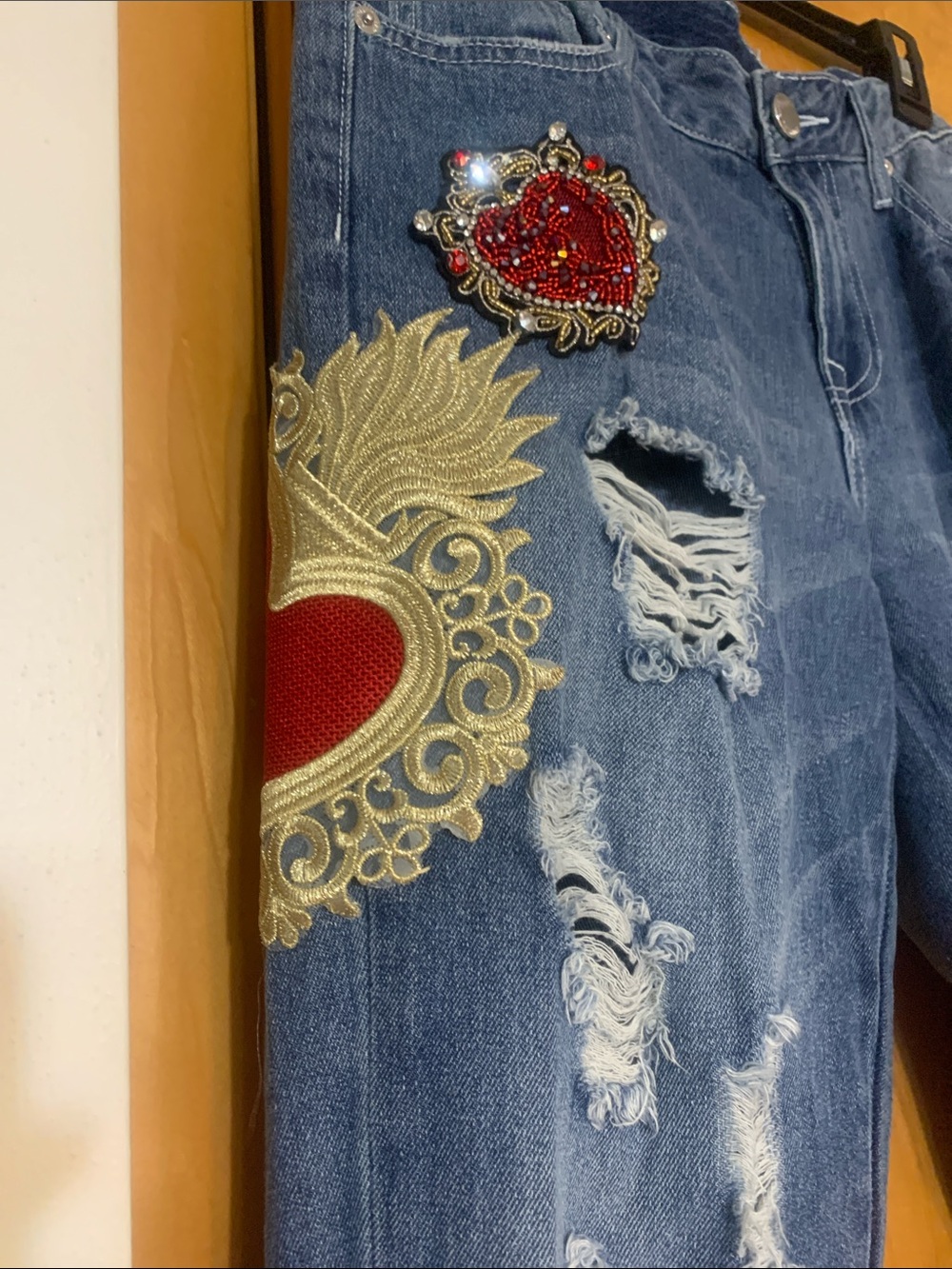 True Religion Blue Distressed Jeans with Red & Gold Heart Appliqués. Tote 4